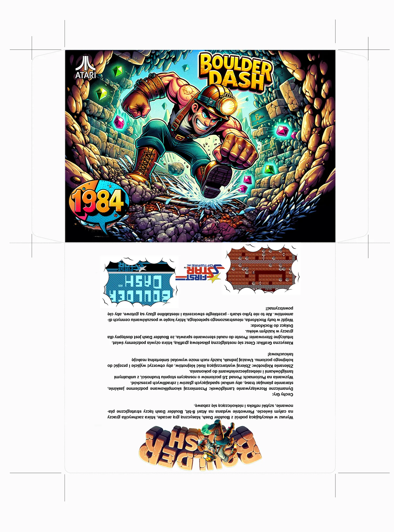 Boulder Dash game cover depicting Rockford collecting gems in a cave full of boulders and dangers.