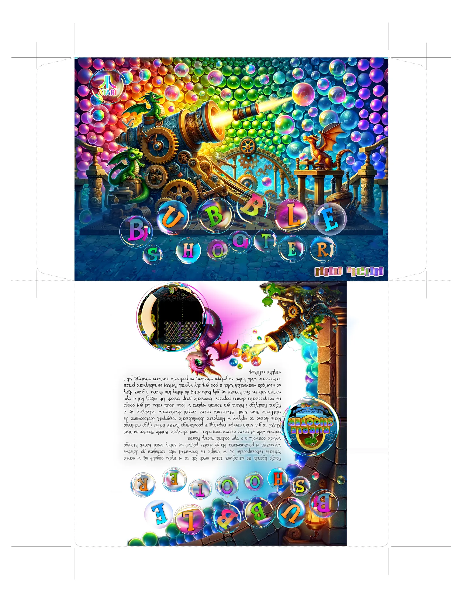 A vibrant illustration of a dragon's offspring on a quest through a colorful bubble-filled world, representing the narrative and gameplay of Bubble Shooter for Atari XL/XE, where strategy and reflexes lead to discovery and adventure.