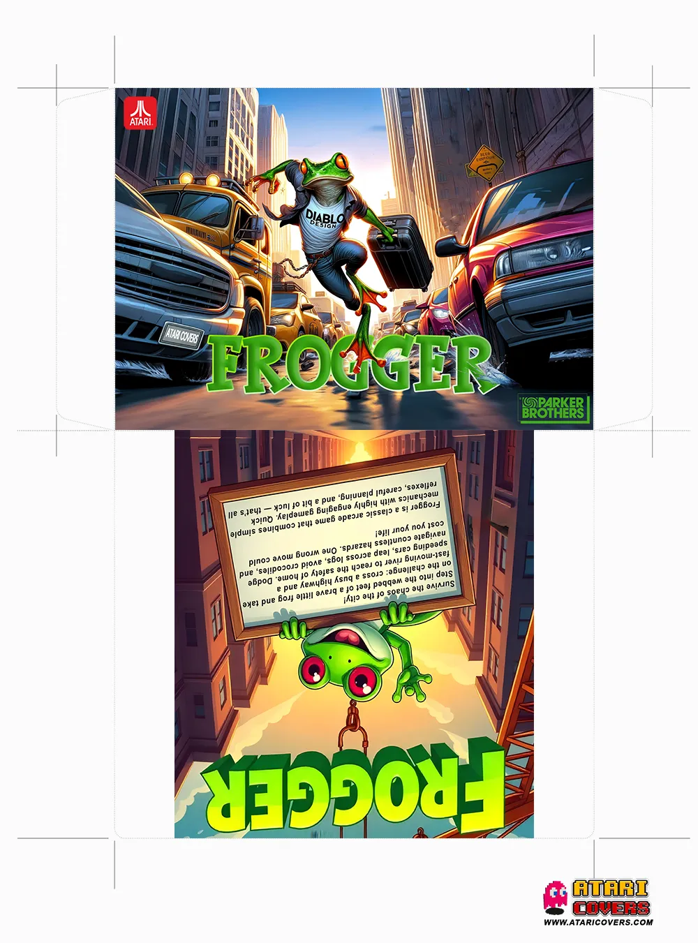Frogger – Classic Arcade Action on Atari XL/XE – "Floppy disk envelope design for Atari XL/XE game Frogger, featuring a frog crossing a busy road and a river with arcade-style graphics.