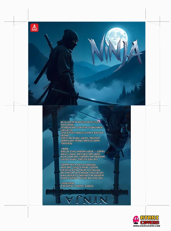 Ninja – Shadow of the Warrior on Atari XL/XE – &quot;Floppy disk envelope artwork for Atari XL/XE game Ninja: Shadow of the Warrior, showing a lone ninja against a misty mountain backdrop.