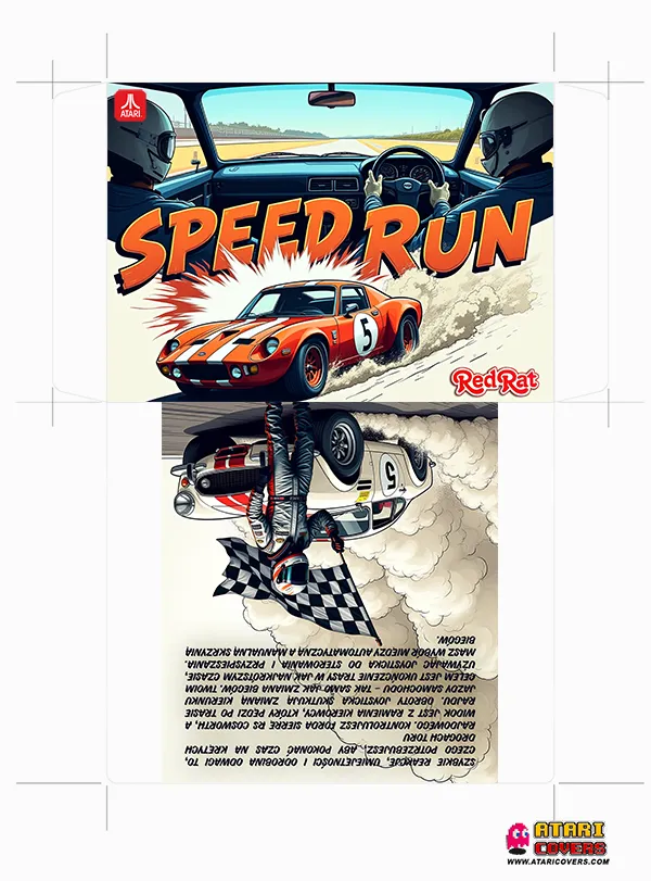 Speed Run – A Failed Race for Success on Atari XL/XE – &quot;Floppy disk envelope for Atari XL/XE game Speed Run, with a racing car speeding through a dramatic track scene.&quot;