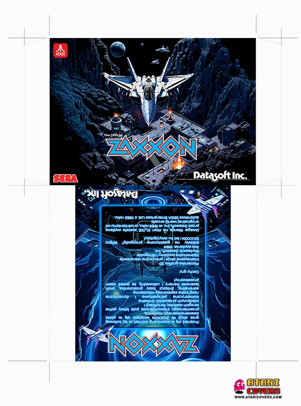 Printable cover artwork for the Atari XL/XE game 'Zaxxon' by Datasoft Inc., featuring a front and back layout. The front side shows a futuristic fighter jet flying above a mountainous space base with explosions, under a starry sky. The back side includes a description of the game with sci-fi themed blue and black graphics, along with spacecraft illustrations. Logos for Atari, SEGA, Datasoft Inc., and AtariCovers.com are visible.