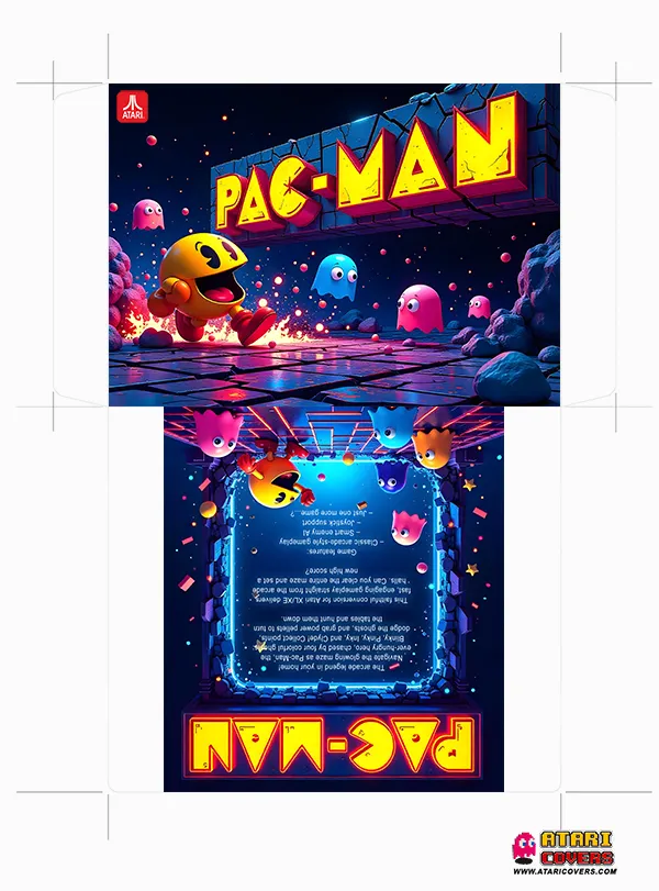 PAC-MAN on Atari XL/XE – Bringing the Arcade Classic Home – &quot;Floppy disk envelope for Atari XL/XE version of PAC-MAN, depicting the iconic yellow character in a glowing maze with ghosts.
