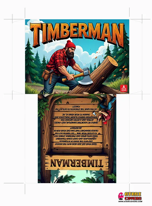 Timberman on Atari XL/XE – Retro Reflex Challenge – &quot;Floppy disk cover for Atari XL/XE game Timberman, featuring a lumberjack chopping a tall tree in a forest setting.&quot;